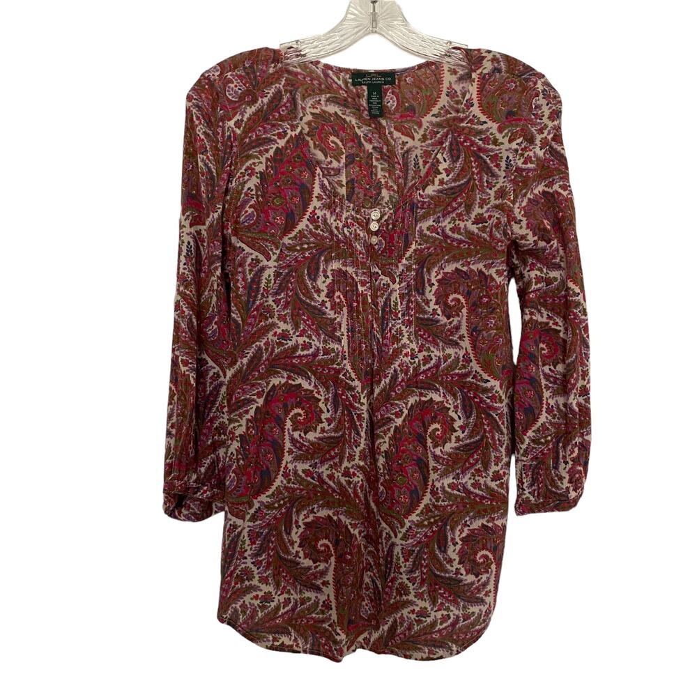 LAUREN RALPH LAUREN Women's Size M Top Paisley Gauzy Pintuck Boho Popover LRL
